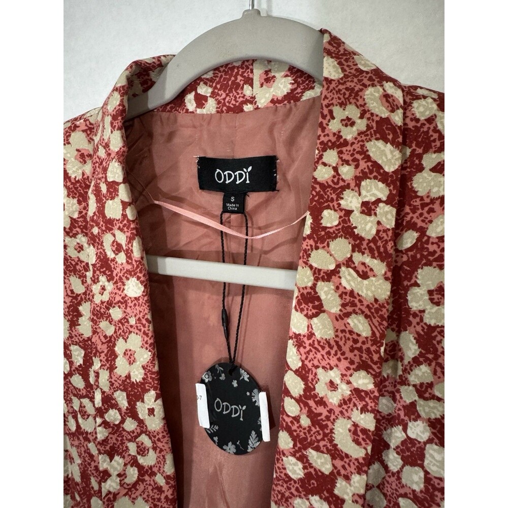 ODDI Floral Open Front Blazer Jacket Red White Pink Ruched 3/4 Sleeve Sz Small - Picture 2 of 11